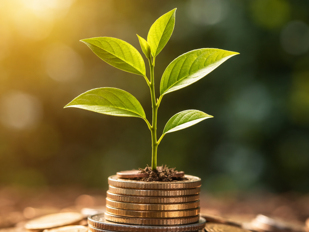 a tree sprouting from a piled stack of coins